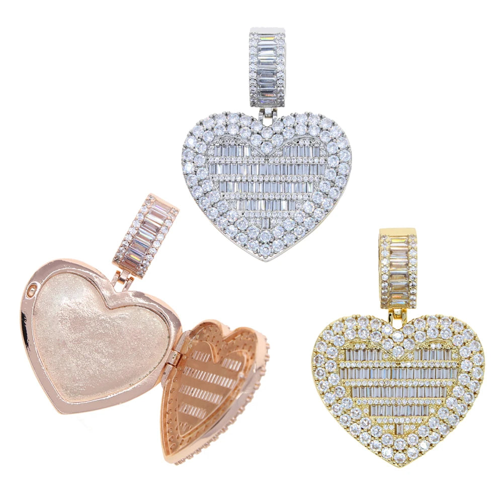 Iced Out Locket Love Heart Charm Pendant Can Be Opened DIY Photo Hip Hop 5A Cubic Zirconia CZ Tennis Chain Necklace Mens