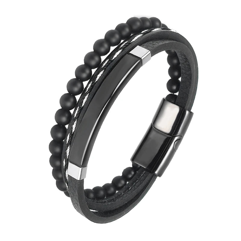 Charm Magnet Clasp Natural Stone Bead Bracelet — Stainless Steel