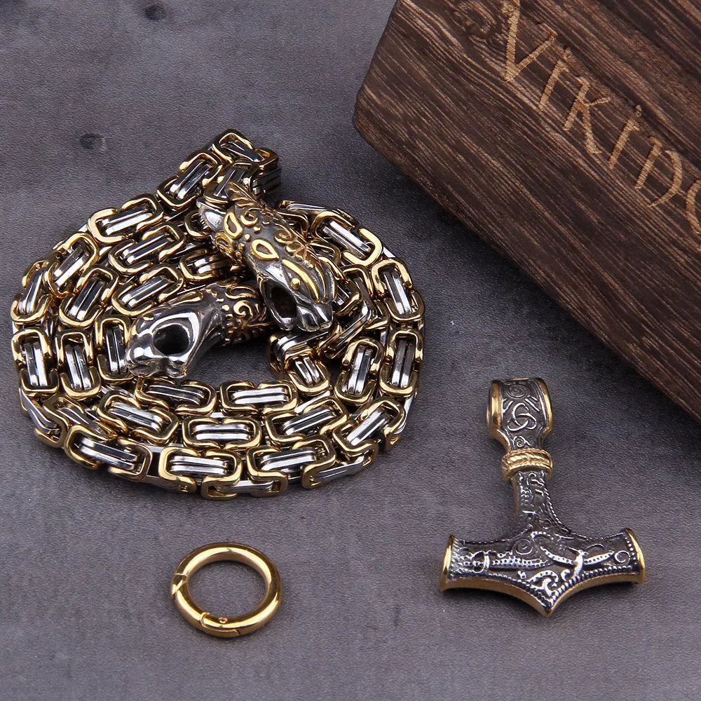 Men stainless steel Dragon head norse viking amulet thor hammer pendant necklace viking king chain Never Fade