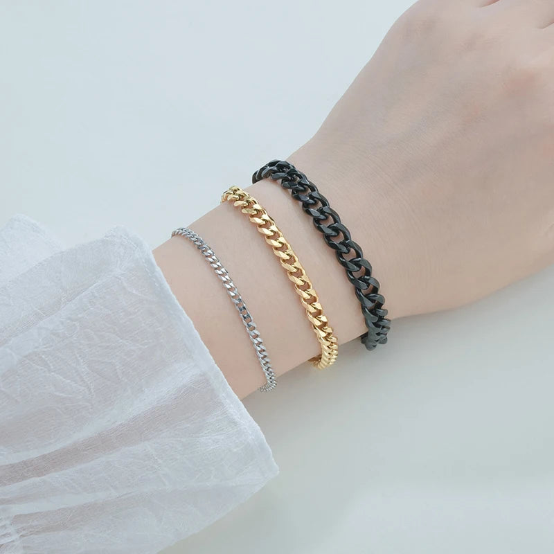 Sifisrri Punk Men 3/5/7mm Stainless Steel Curb Cuban Link Chain Bracelets Gold Color Solid Chains Unisex Wrist Jewelry Gift
