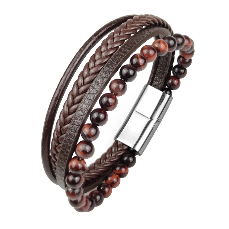 Charm Magnet Clasp Natural Stone Bead Bracelet — Stainless Steel