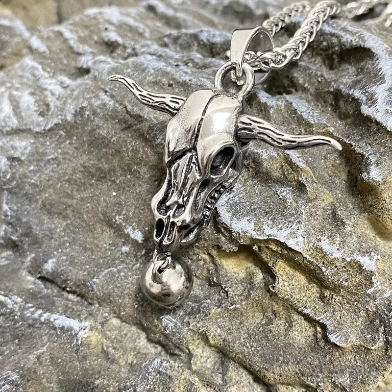 Bull Skull Bell Pendant Necklace — Stainless Steel