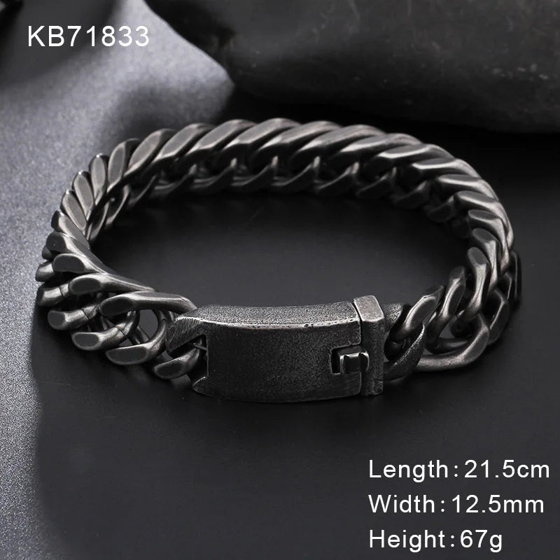 Fongten Retro Black Bracelet For Men Cuban Chain Stainless Steel Heavy Wide Curb Bracelets Bangle Male Jewelry