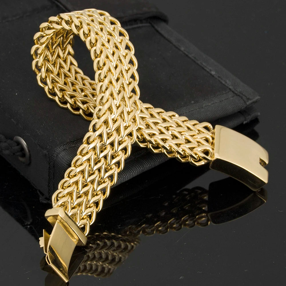 Luxury Yellow Gold Color Bracelet For Men 18MM Wide Stainless Steel Men's Chain Bracelets Metal Jewelry Gifts For
