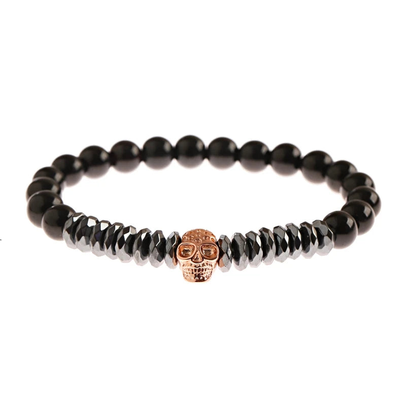 Luxury Men Stone Beads Skull Erkek Bileklik Bracelet Set Black CZ Crown Copper Bracelets For Women Pulseras Mujer