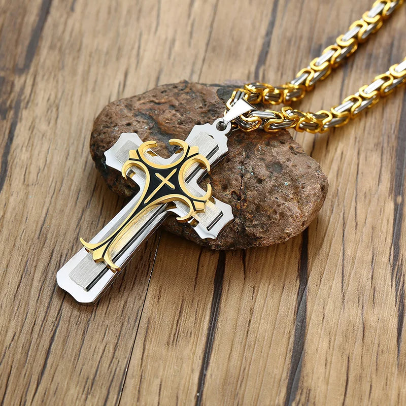 Vnox Cross Necklace For Men Byzantine Gold Color Stainless Steel Chain Catholic Crucifix Pendant Male Punk Rock