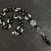 Trad Goth Pentagram Cross Rosary Beads Necklace — Silver-Tone