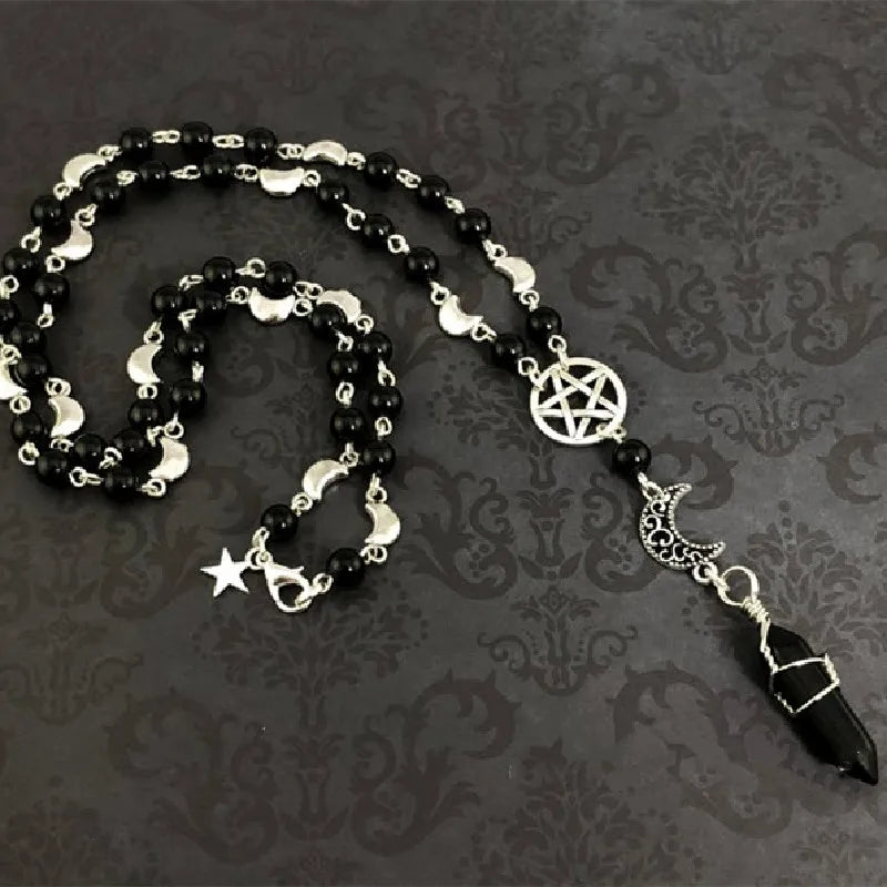 Trad Goth Pentagram Cross Rosary Beads Necklace — Silver-Tone