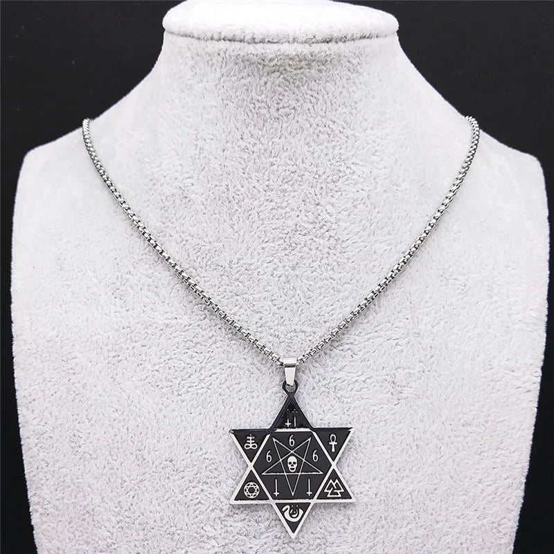 666 Skull Hexagram Pendant — Silver