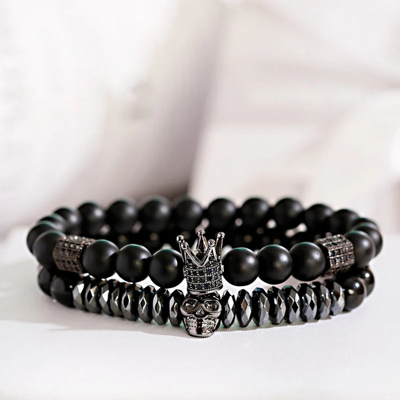 Luxury Men Stone Beads Skull Erkek Bileklik Bracelet Set Black CZ Crown Copper Bracelets For Women Pulseras Mujer