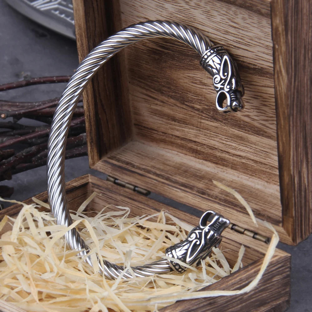 Gray Color Stainless Steel Nordic Viking Norse Dragon Bracelet Men Wristband Cuff Bracelets with Viking Wooden Box