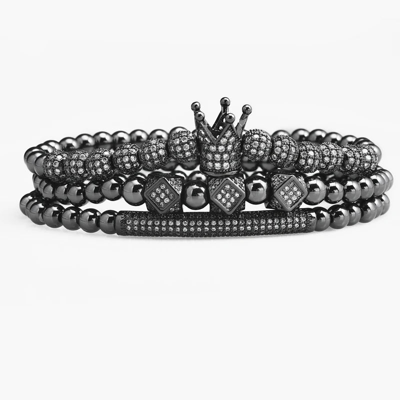3pcs/Set Luxury Gold Color Beads Royal King Crown Dice Charm CZ Ball Bracelet Mens Fashion Bracelets & Bangles Multi