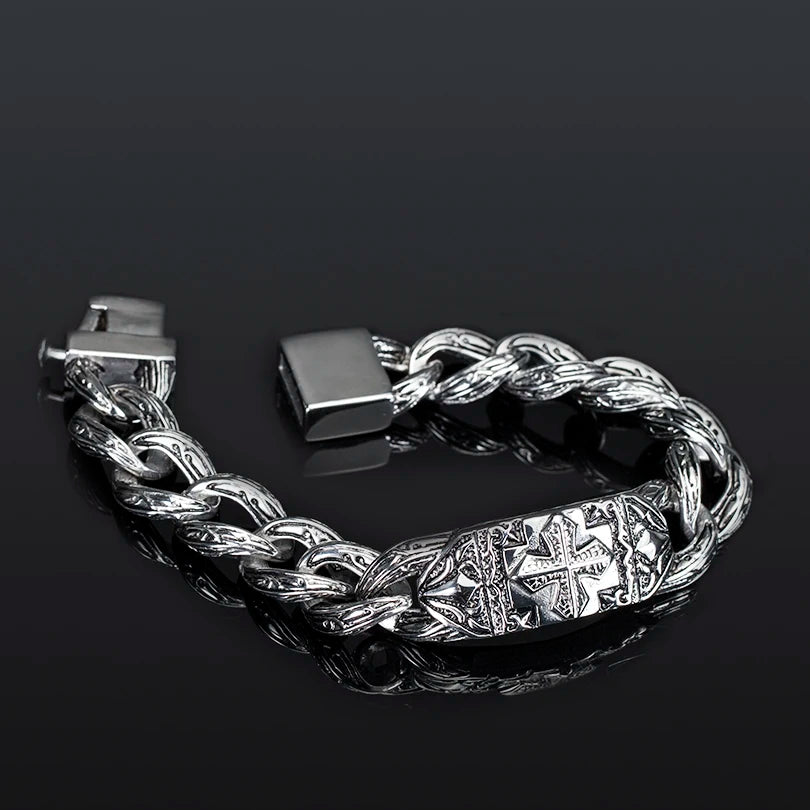 17MM Wide On Hand Cuban Link Chain Bracelet for Man Retro Stainless Steel Men's Cross Bracelets Cool Male Jewelry
