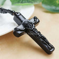 Drop Shipping Natural Black Obsidian Carved Cross Lucky Pendant + Beads Necklace for Woman Man Crystal Jade Charm Gift Jewelry