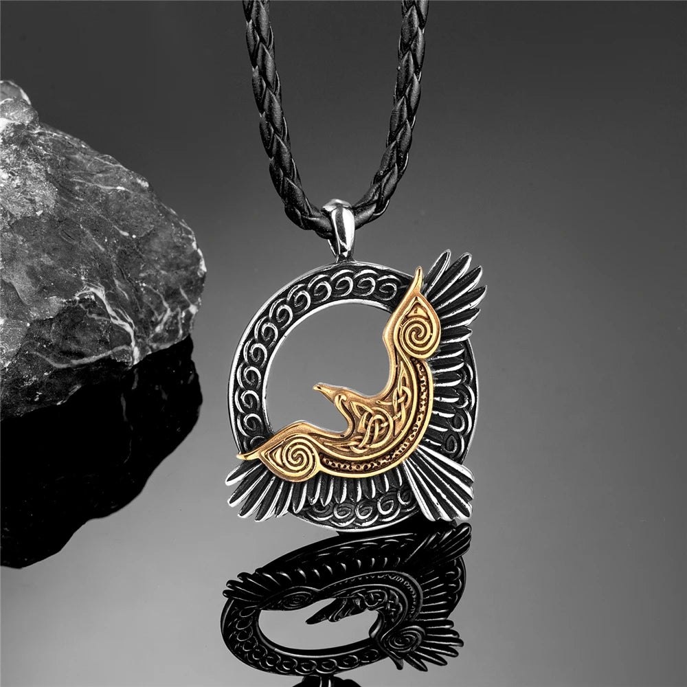 Stainless Steel Norse Mythology Eagle Necklace Men Vikings Raven Never Fade Gold Color Vegvisir Slavic Runes Amulet