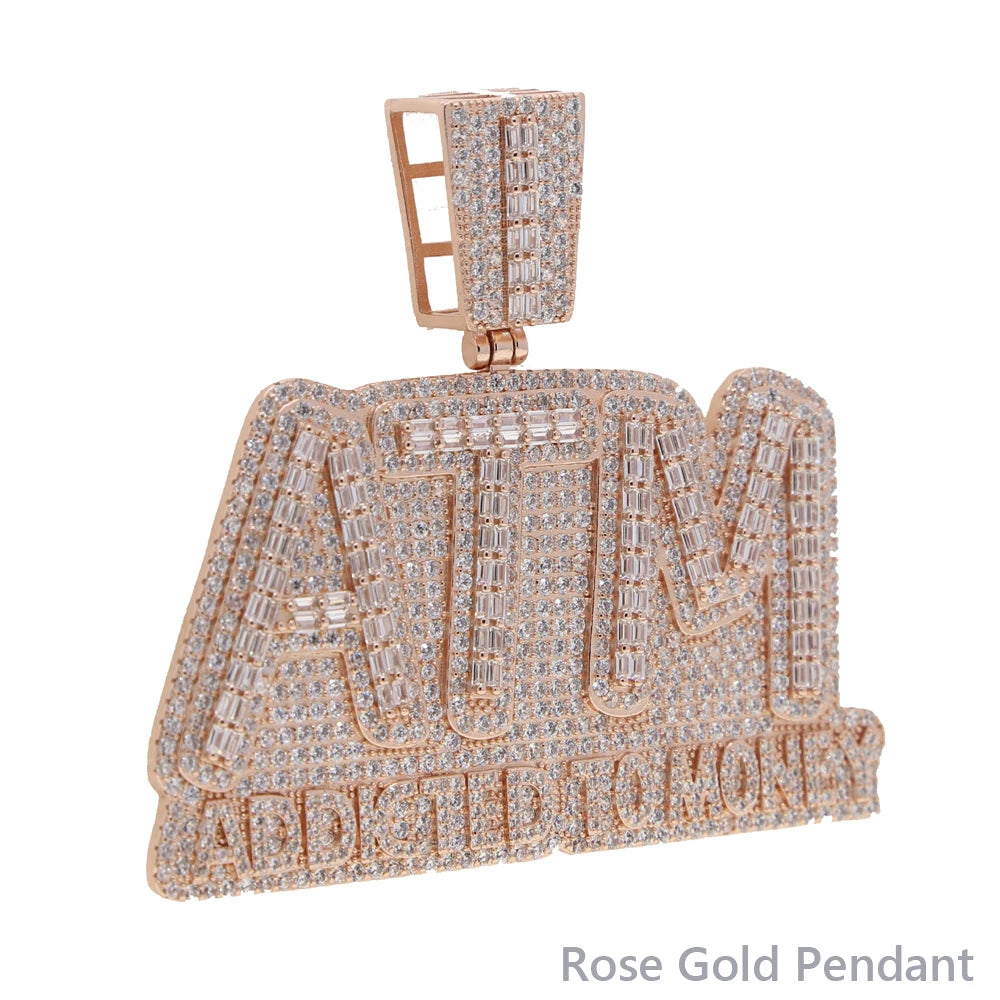 Iced Out Bling Letters ATM Addicted To Money Pendant Necklaces Gold Color AAA Zircon 5mm Tennis Chain Men's Hip Hop