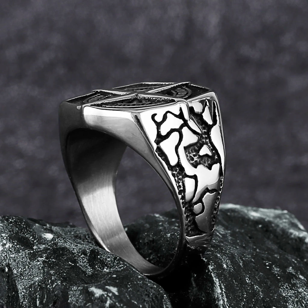 Viking Cross Nautical Chart Nordic Rune Ring — Stainless Steel