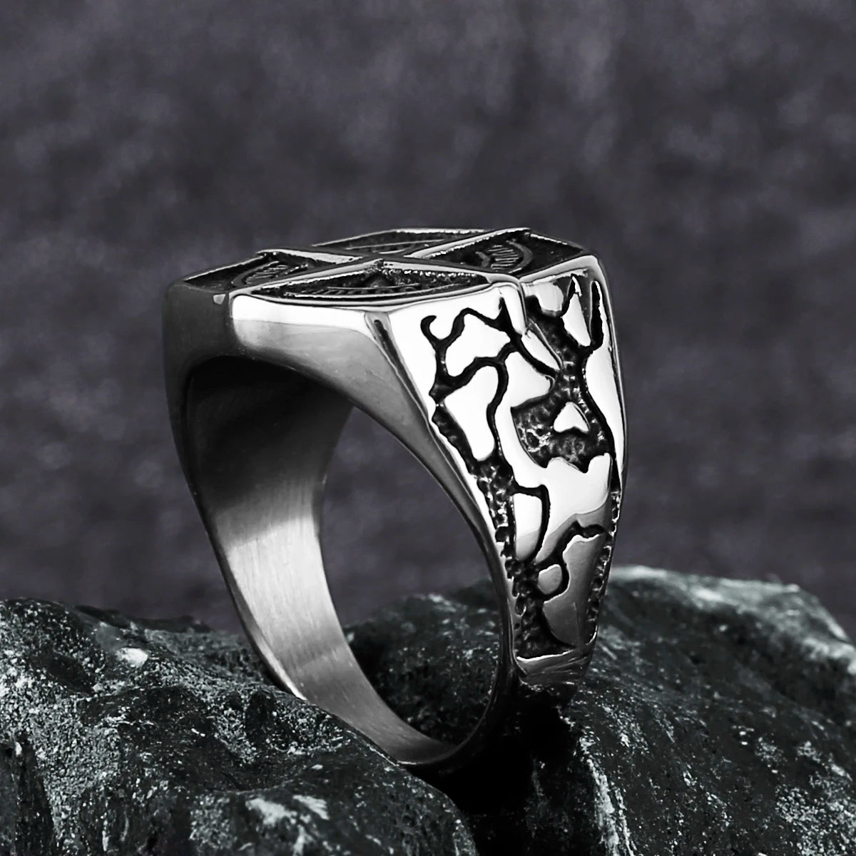 Viking Cross Nautical Chart Nordic Rune Ring — Stainless Steel