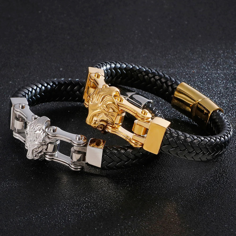Punk Goth Lion Head Men's Bracelets & Bangles Braided Genuine Leather Man Bracelet Gold Color Stainless Steel Bike