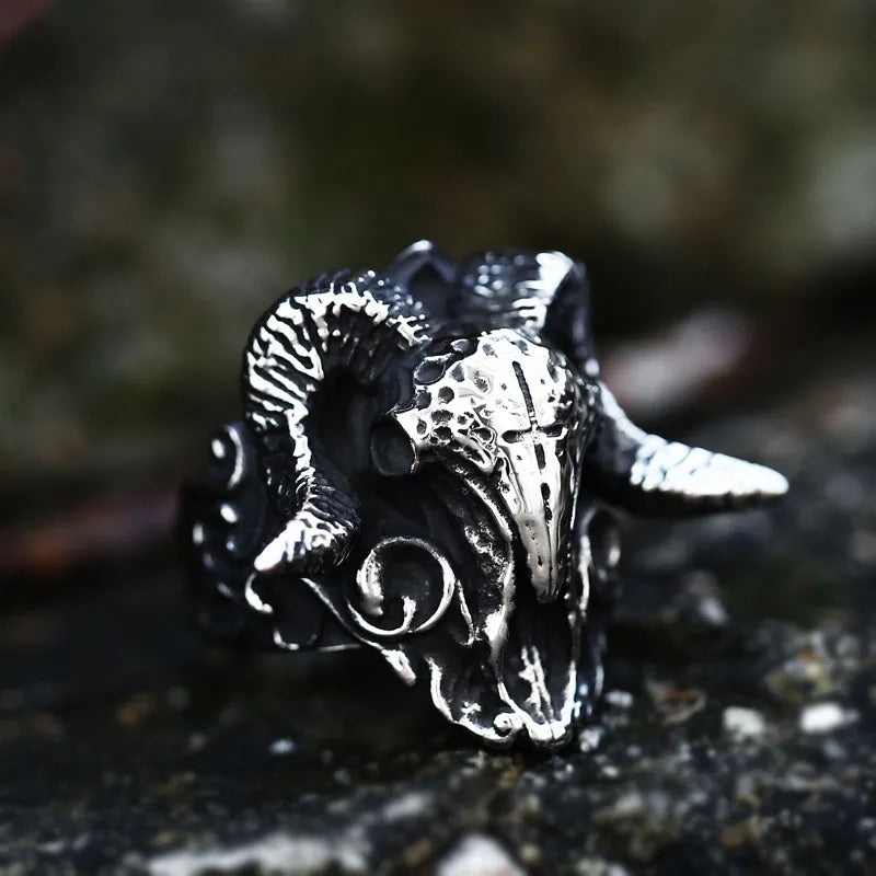 Beier 316L Stainless Steel Ancient dish Sheep cattle head Skull Ring Messenger of hell satan Personality Fashion
