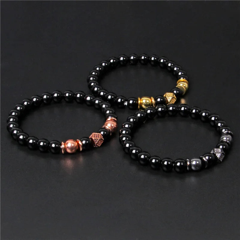 Black Beaded Round Metal Ball Bracelet for Men — Two-Tone