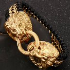 Viking Jewelry Stainless Steel Lion Head Charm Bracelet for Man Cowhide Leather Homme Armbanden Cool Punk Men's Cuff