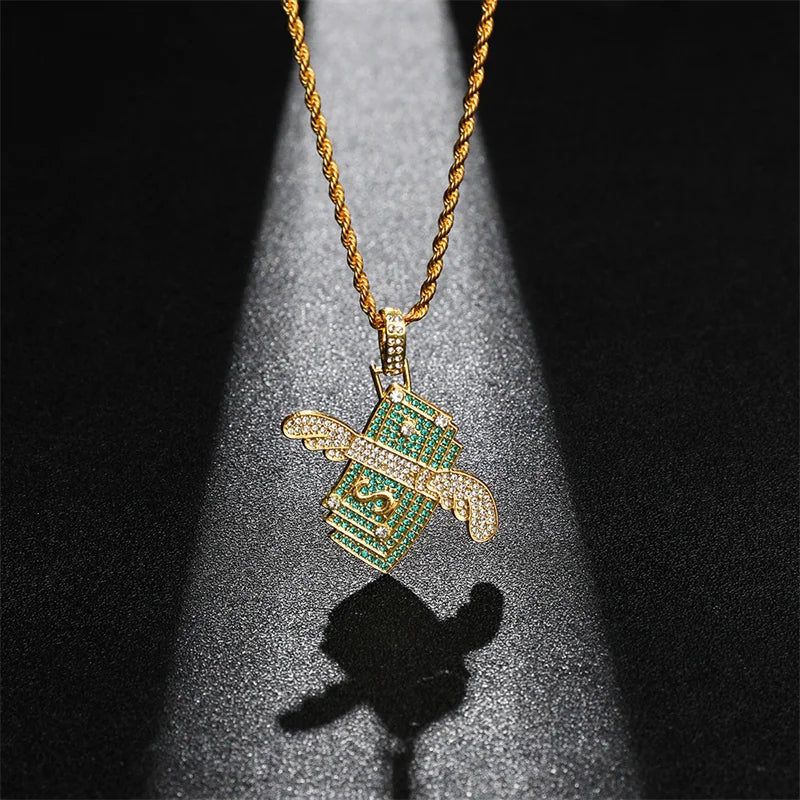 Flying Money Necklace Wings Cash Pendant Men's Jewelry Punk Hip Hop Rock Style Rap Dancer Handsome Guy Accessories Cool