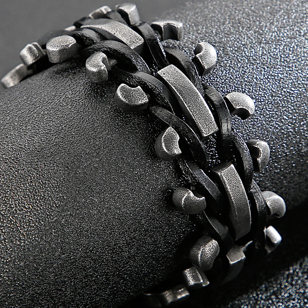Handmade Leather Braided Bracelet With Belt Buckle Stainless Steel Boys Bracelets Men's Bike Jewellery Accessories Cuff