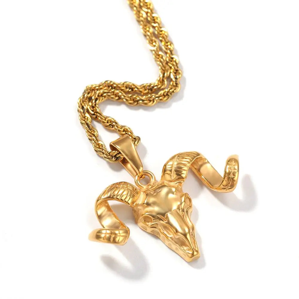 Hip Hop Titanium Steel Skull Goat Horn Pendants Necklaces for Men Rock Jewerly Drop Shipping