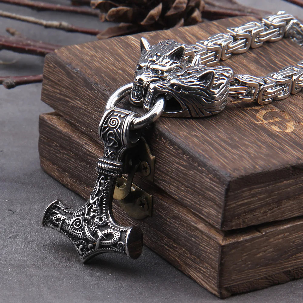 Never Fade Men stainless steel Wolf head norse viking amulet thor hammer pendant necklace viking king chain