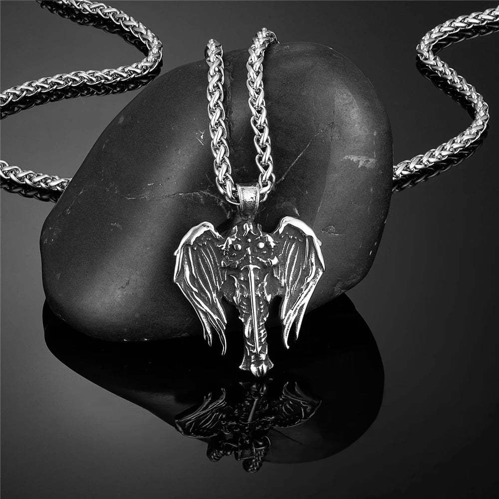 Mens Norse Knight Necklaces Titanium Steel Gold Color Archangel Wings Amulet Pendant Male Jewelry Never Fade Guardian Angel Gift
