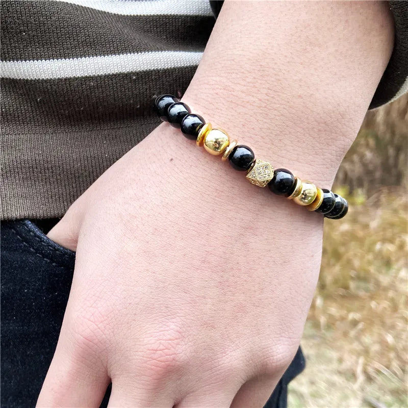 Black Beaded Round Metal Ball Bracelet for Men — Two-Tone