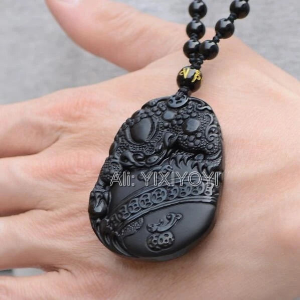 Beautiful Chinese Handwork Natural Black Obsidian Carved Coin Toad PiXiu Blessing Lucky Amulet Pendant + Beads Necklace