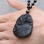Beautiful Chinese Handwork Natural Black Obsidian Carved Coin Toad PiXiu Blessing Lucky Amulet Pendant + Beads Necklace