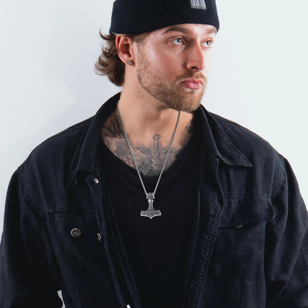 Vnox Vintage Men Norse Viking Necklaces,Rock Punk Retro Thor Mjolnir Hammer Pendant,Scandinavian Nodic Amulet Rune Neck