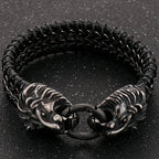 Vintage Double Wolf Lion Head Men's Bracelets Gothic 23CM Long Braided Genuine Leather & Stainless Steel Skull Bracelet