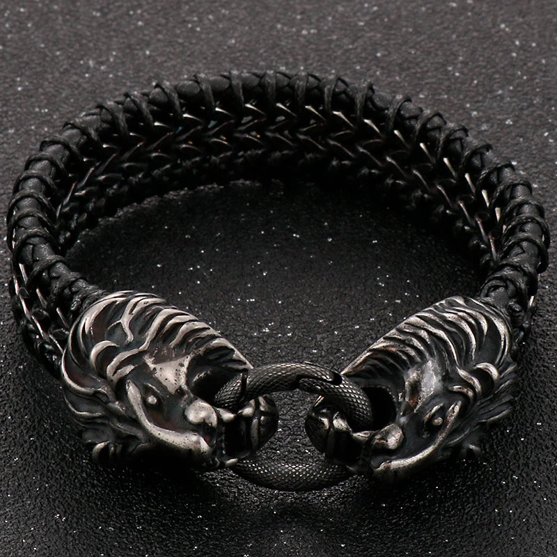 Vintage Double Wolf Lion Head Men's Bracelets Gothic 23CM Long Braided Genuine Leather & Stainless Steel Skull Bracelet