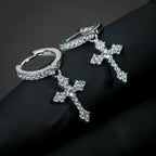 Iced Out Cross Drop Huggie Hoop Earrings with CZ Crystal