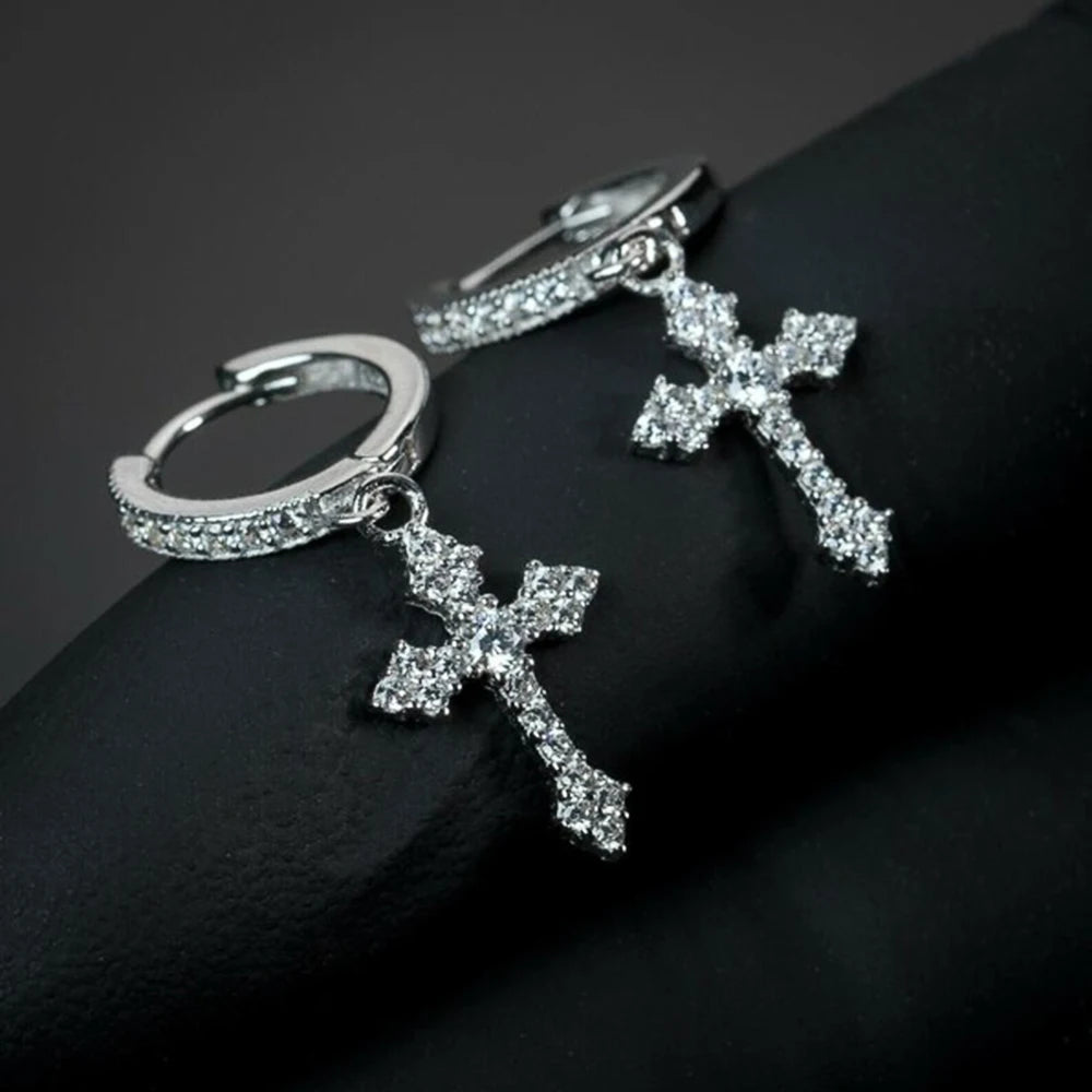 Iced Out Cross Drop Huggie Hoop Earrings with CZ Crystal