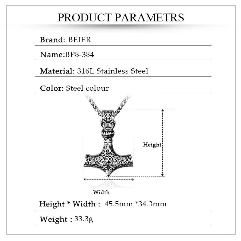 BEIER thor's hammer mjolnir pendant necklace viking scandinavian norse viking necklace with stainless steel chain