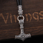 S925 Sterling Silver Viking Wolf heads with thor's hammer mjolnir pendant leather men necklace as christmas gift