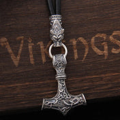 Viking Mjolnir Wolf Head Thor's Hammer Pendant — Silver-Tone