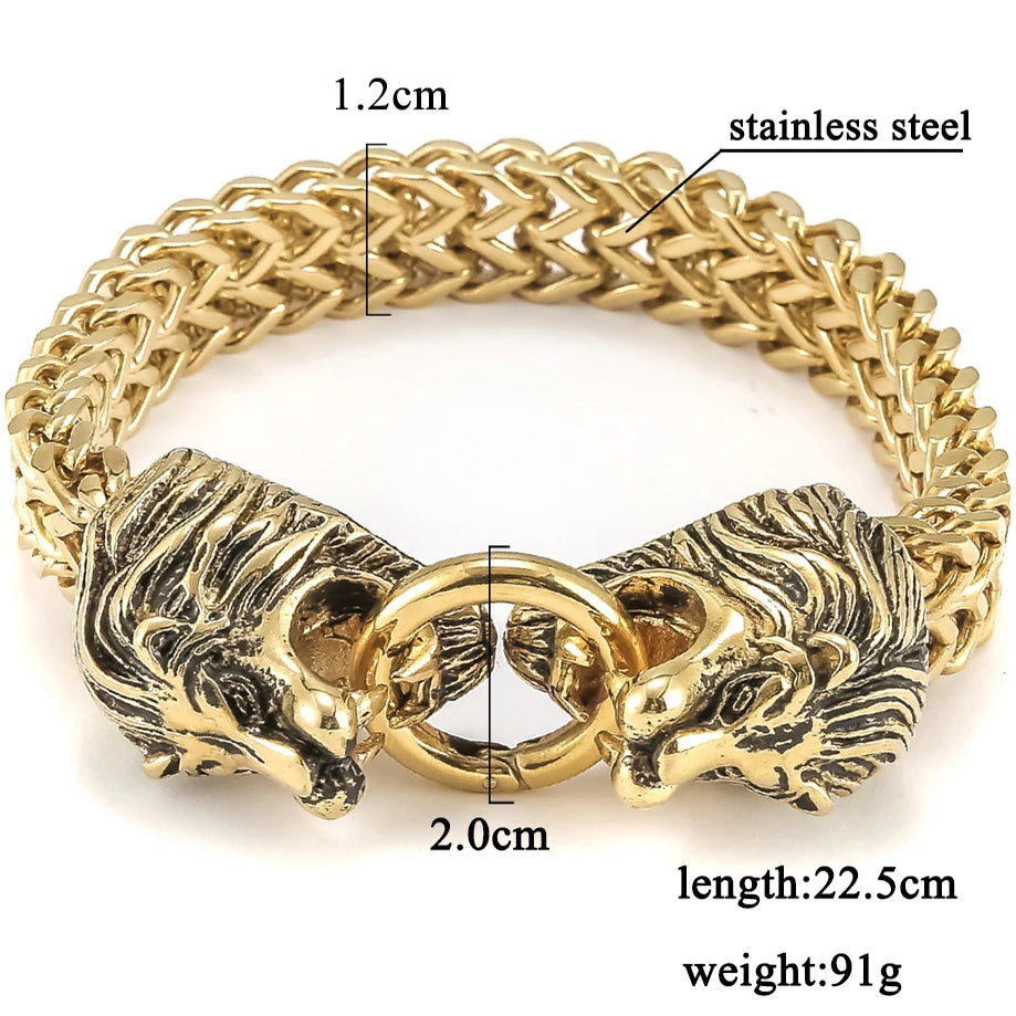 Cool Lion Head Bracelet Men Figaro Link Chain Mens Cuff Bracelets Heavy Solid Stainless Steel Male Jewelry Bangles