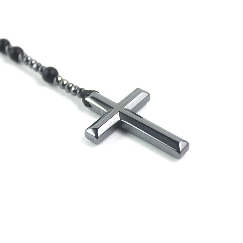 Matte Black Stone Hematite Rosary Cross Necklace — Black-Tone
