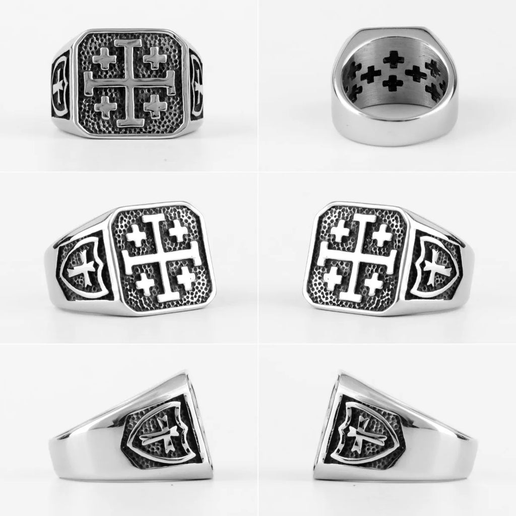 Jerusalem Cross Religion Stainless Steel Mens Rings Simple Retro for Male Boyfriend Biker Jewelry Creativity Gift