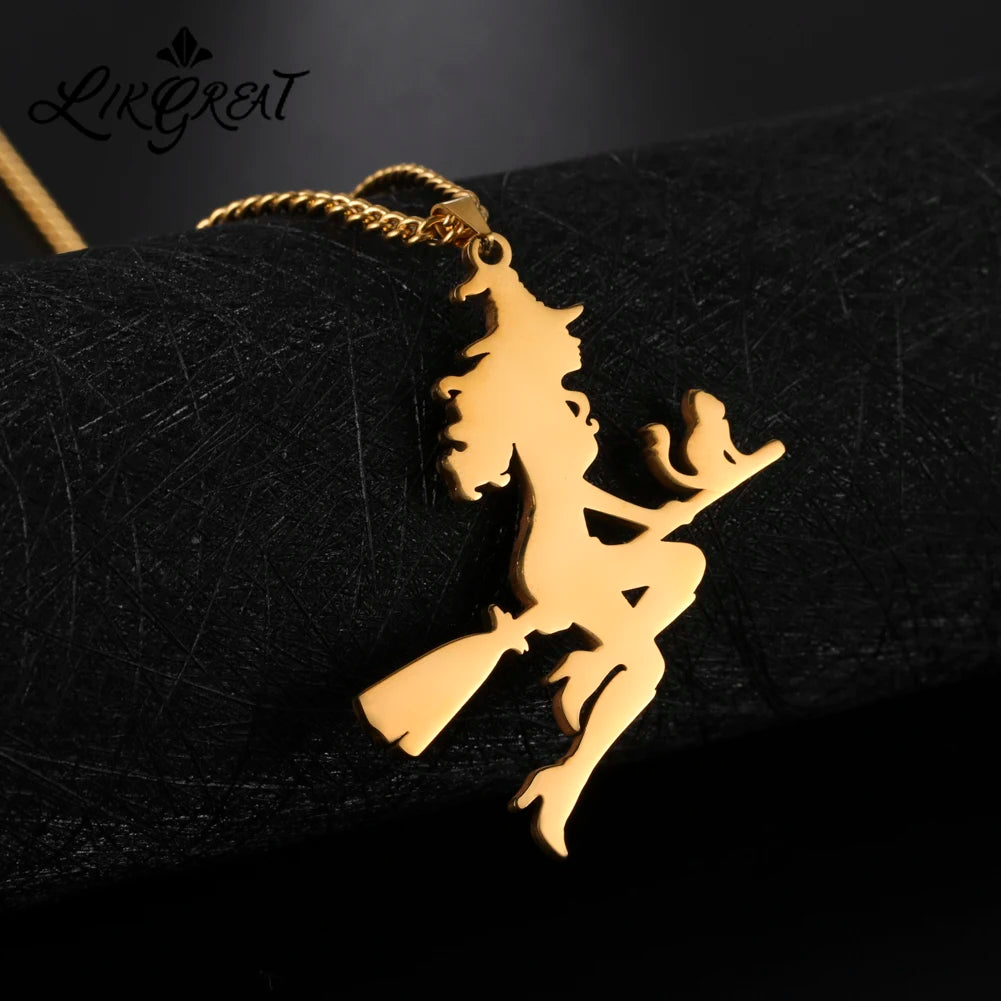 Witch Cat Broom Pendant Necklace — Stainless Steel
