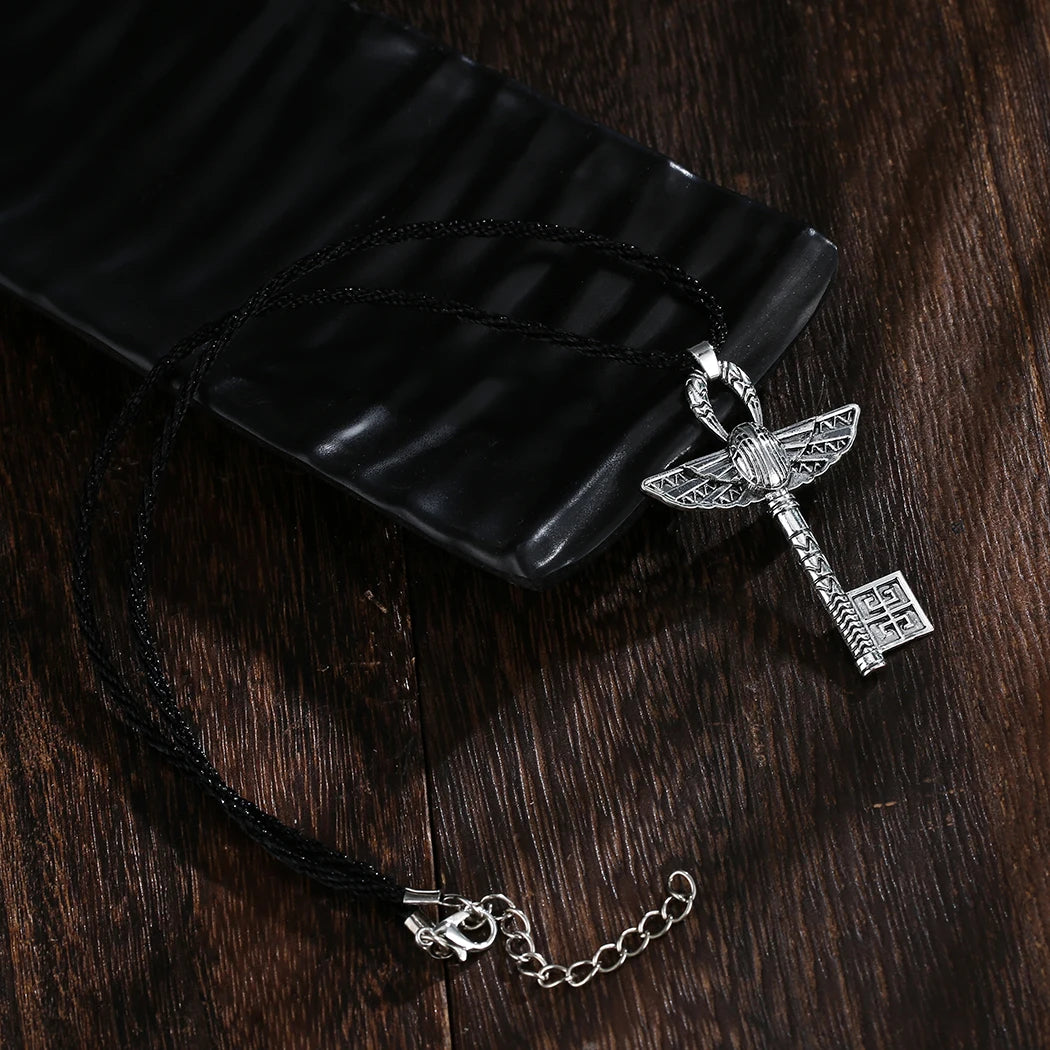Kinitial Vintage Unique Egyptian Animal Scarab Beetle Pendant Necklace Key Cross Necklace For Man Punk Amulet Key Jewelry