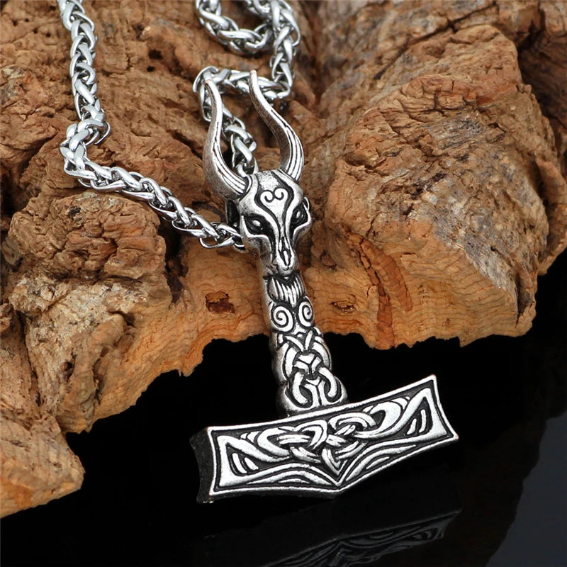 Viking Thor Hammer Ram Head Pendant Necklace — Silver-Tone