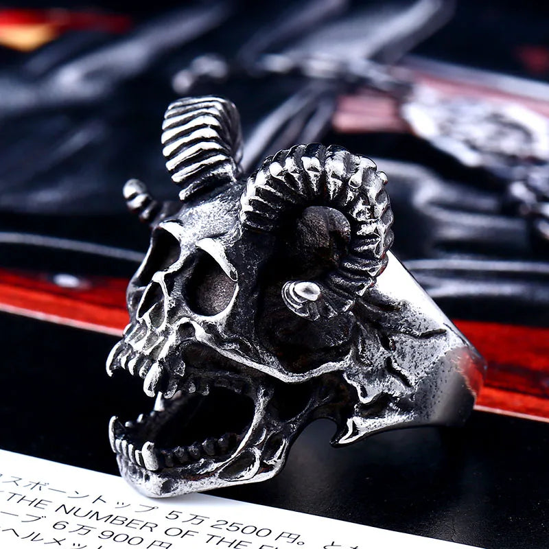Beier 316L Stainless Steel Ancient dish Sheep cattle head Skull Ring Messenger of hell satan Personality Fashion