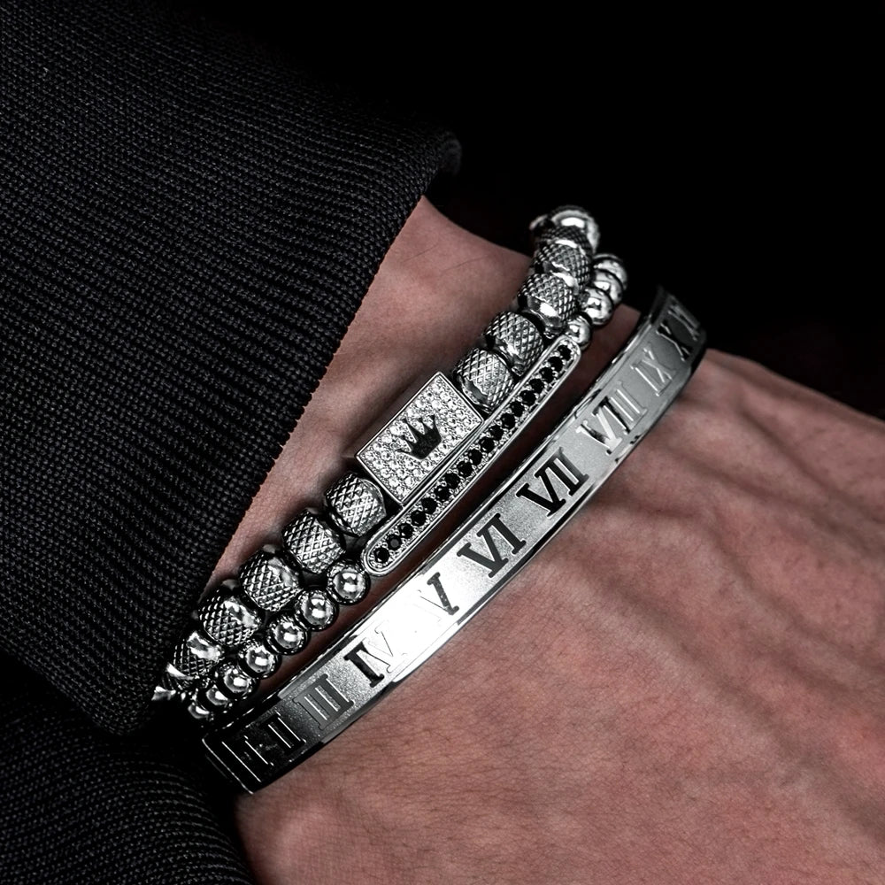 Luxury Royal King Crown Men Bracelets Roman Numeral Bracelet Unique Design Braided Adjustable Bangle Pulseira